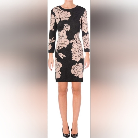 Calvin Klein Floral Print Fit & Flare Sweater Dress  Gray and Pink Size Large - Picture 1 of 8